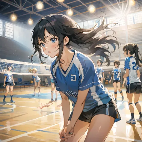 Anime girl in blue shirt and black shorts playing volleyball on court, kyoto animation still, official anime still, volley court background, high detailed official artwork, Smooth Anime CG Art, official studio anime still, mayuri shiina, Wearing a volleyba...