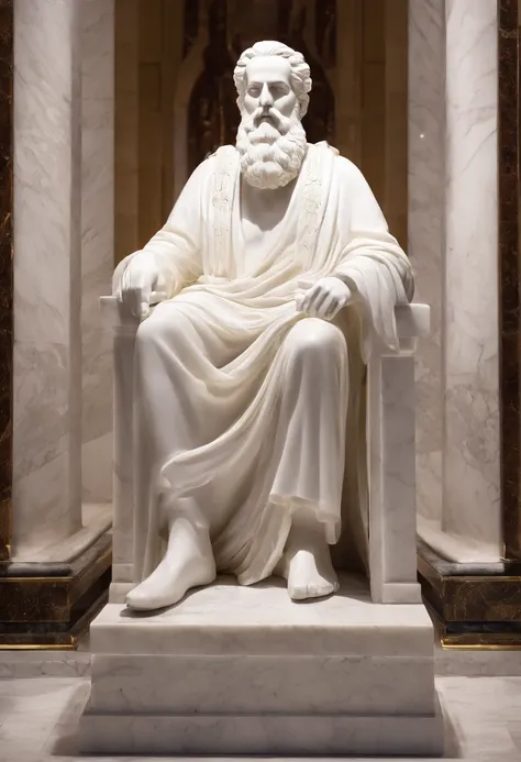 White marble statue of wise man with the style of bearded Greek philosopher in museum. atmosfera escura, alto contraste de luz e sombra, fotografia profissional, utrarealista, light volumetric, cinemactic