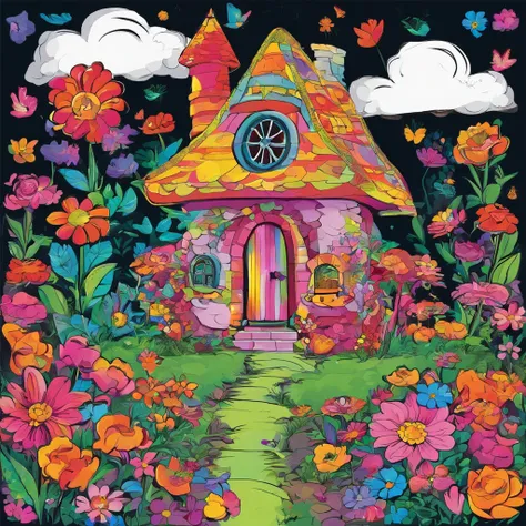 a colorful illustration of a fairy house surrounded by flowers. The house should be pink with a windmill on the roof. The flowers should be a variety of colors, including roses, lilies, and tulips. The house should be surrounded by a rainbow. The overall f...