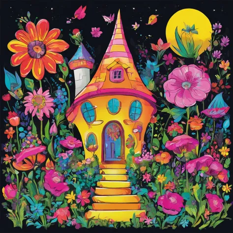 a colorful illustration of a fairy house surrounded by flowers. The house should be pink with a windmill on the roof. The flowers should be a variety of colors, including roses, lilies, and tulips. The house should be surrounded by a rainbow. The overall f...