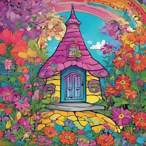 a colorful illustration of a fairy house surrounded by flowers. The house should be pink with a windmill on the roof. The flowers should be a variety of colors, including roses, lilies, and tulips. The house should be surrounded by a rainbow. The overall f...