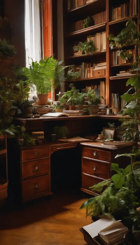 An artists desk with plants, Books, Papier, Laptop, Regal, Drawers, mit Blick auf Madrid, Spanien