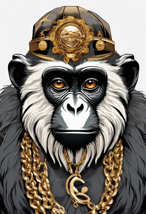 /imagine prompt: hiphop monkey illustration for a sticker with a black background, gold chain, in bold outline style, jagged edges,