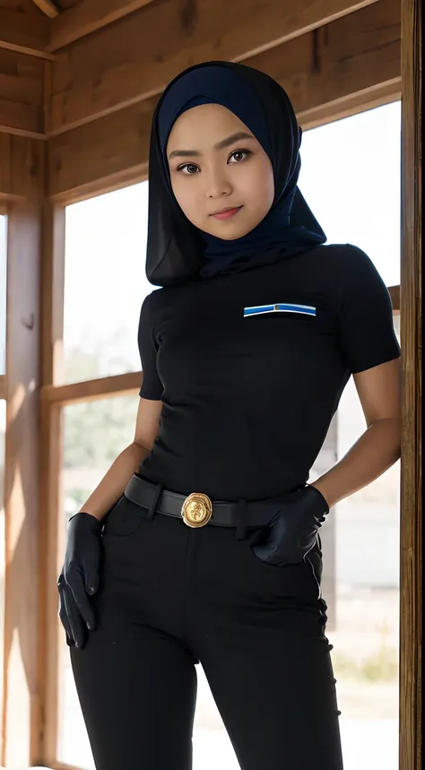 masutepiece, best quality, hight resolution, 1 malay girl in, solo, hijab, blue eyes, black gloves, police uniform, black tight ...