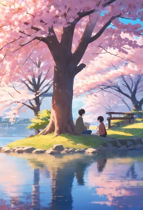 under a big sakura tree, beside a lake, a couple is sitting, couples back will be seen, higly real, 4k, super high detail