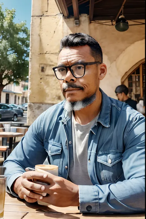 guttoepic2, Generate an exquisitely detailed portrait of a bespectacled man sitting in an outdoor café, vestindo roupas leves, Sipping your coffee while sipping a croissant. The scene should capture the essence of tranquility and contentment in a café envi...