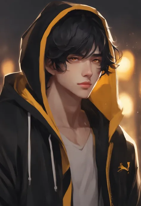 anime guy with yellow eyes and black hair in a black and yellow hoodie, high quality anime artstyle, artwork in the style of guweiz, digital anime illustration, anime style character, inspired by Bian Shoumin, anime style portrait, male anime style, anime ...