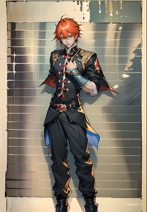 A man with a serene expression and bright orange hair stands before us, dressed in a two-piece red and blue fantasy-style outfit, The clothing design is simple yet elegant, with intricate patterns, This character design is reminiscent of Chinese martial ar...