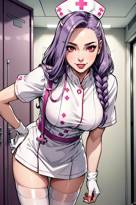 1womanl, nurse, nurse cap, whiteware, ((white legwear, zettai ryouiki)), white gloves, long hair, purple hair, red eyes, pink li...