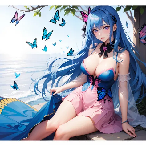 a women, blue butterfly, blue hair, pink eyes, pink dress, a pair of large butterfly wings on her back