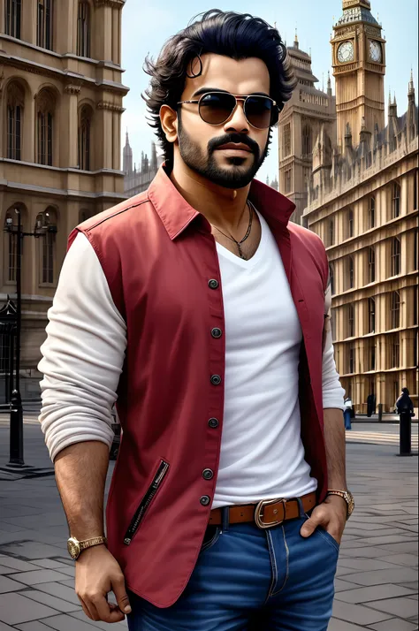 wide angle, portrait of bollywood actor Ram Charan, wearing casual clothes, in London, not wearing glasses, properly drawn hands, 4k, 8k, high resolution, full realistic photograph, real life character, Big Ben in background, blur background --auto --s2