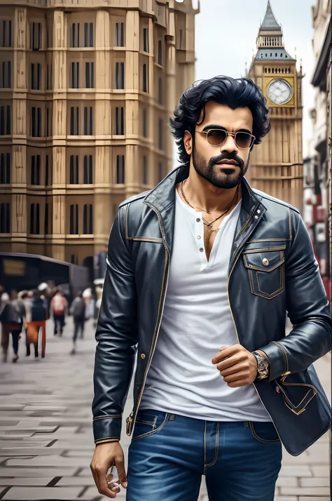 wide angle, portrait of bollywood actor Ram Charan, wearing casual clothes, in London, not wearing glasses, properly drawn hands, 4k, 8k, high resolution, full realistic photograph, real life character, Big Ben in background, blur background --auto --s2