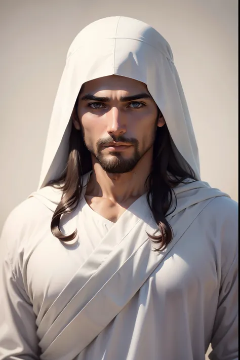 Jesus homem, ruivo, com semblante de paz, sereno, white fabric on the head, roupa humilde, Como no tempo de Cristo