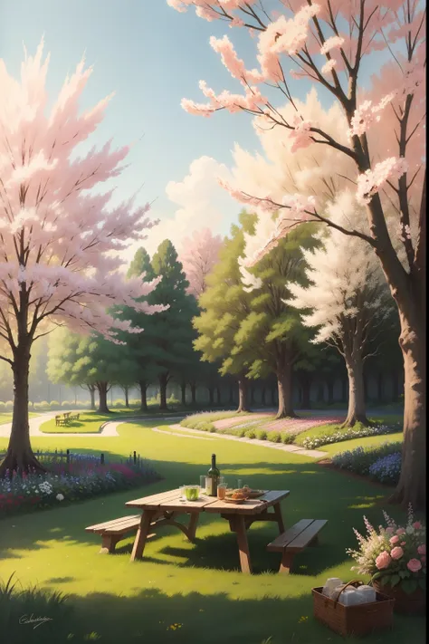 A painting of a springtime landscape, green trees and flowers, with a picnic bench in a garden, midday light.