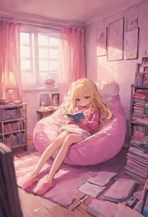 A photo of a teenage girl relaxing in her bedroom. She is sitting cross-legged on a white shag rug, leaning back against a pink bean bag chair. The girl has long blonde hair and is wearing jeans and a pink sweater. She is looking down at the phone in her h...