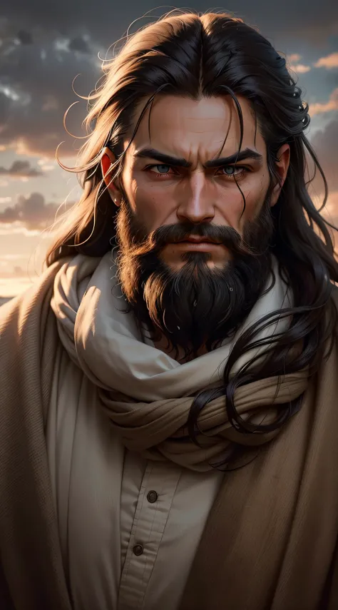 The biblical prophet Elijah possesses a commanding and distinct physical presence. His strong and penetrating gaze is characterized by deep, rich brown eyes, which seem to peer into the depths of ones soul. The intensity of his stare holds an unwavering fo...