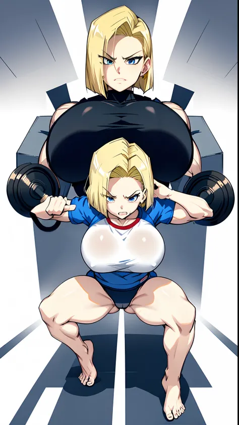 character 8k symmetrical, anime girl, blond hair, blond short hair, blue eyes, (((muscular))), huge breasts, thick thighs, solo, angry, (pale skin), running, working out, gym, erotic, bare feet, white background, android 18