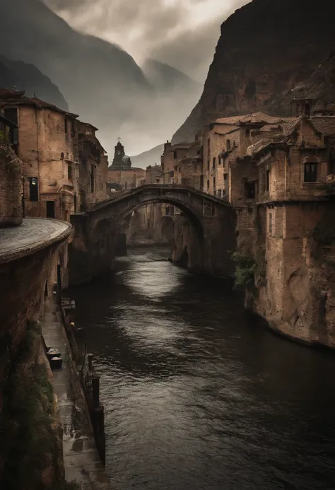 ((masterpiece)),((best quality)),((high detial)),((realistic,))
Industrial age city, deep canyons in the middle, architectural streets, bazaars, Bridges, rainy days, steampunk, European architecture