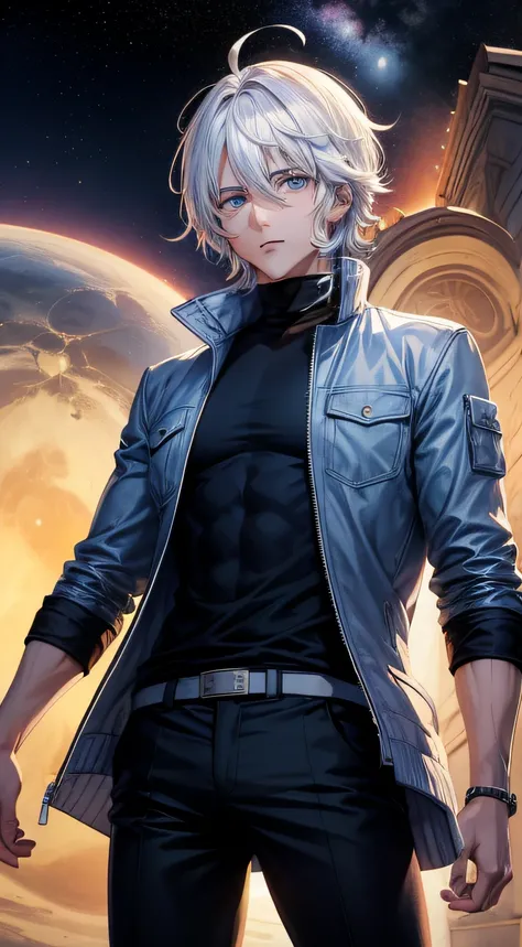 homem de aproximadamente 20 anos, no estilo anime, com cabelos brancos batendo no ombro, sentado em um planeta congelado olhando para saturno, with jacket with turtlenecks and pants, seus olhos marcantes e dourados, Face with fine features.