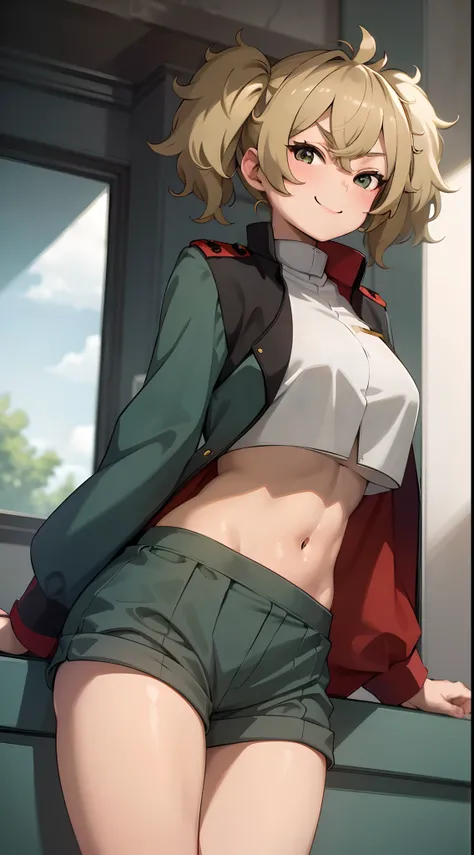 masterpiece, best quality, absurdres,1 girl, uniform, green short pants, blond hair, smile,