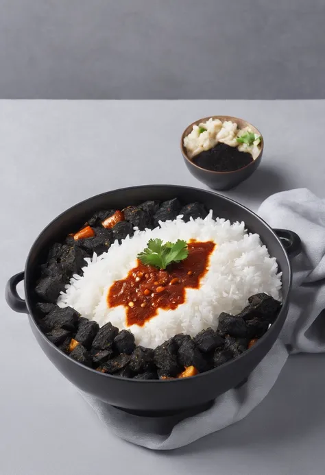 black curry and rice, white powder cheese