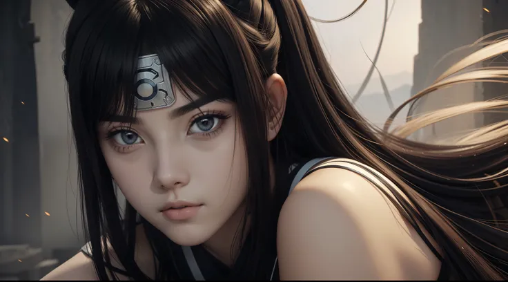 Hot portrait image, masterpiece, solo, extremely accurate rendering, cool beautiful Hinata Hyuga, light makeup, reliable young girl, savior of the world, simple design, best image, 8K, white eyes, same color as the original demon ninja.