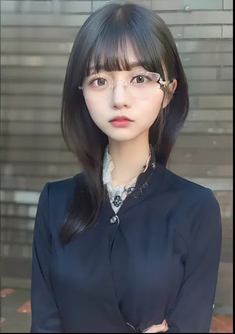 ((Best quality, 8k, Masterpiece :1.3))1girl, kiyoko Shimizu,17year, long hair, black hair, black jacket, glasses, realistic, ultra detail, 70mm lens,ultra-detailed face, detailed lips, detailed eyes, double eyelid