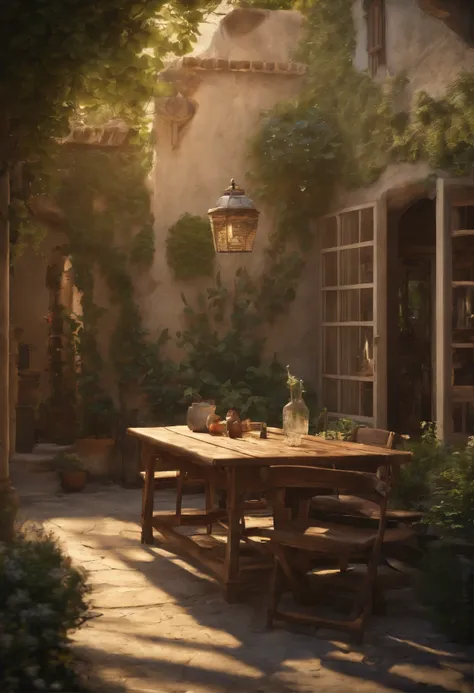 painting of a courtyard with a table and chairs and a bench, anime background art, relaxing concept art, anime scenery concept art, immensely detailed scene, a beautiful artwork illustration, detailed scenery —width 672, studio ghibli environment, highly d...