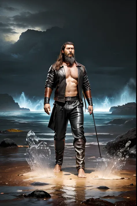 guttoepic2, (Professional 3D rendering:1.3) de (Realistic:1.3) Foto de arte mais bonita do mundo，Features soft, bright male heroes, ((Epic hero fantasy rough muscular man wet hero angry look long hair short beard WITH CROWN ON HEAD and fierce expression in...