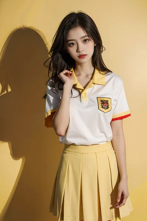 absurdress，Highres，Hyperdetailed），Highres，1girle，PerfectNwsjMajic，fulllllbody，looks at the viewer，s mouth open，Open your clothes，Come and kiss， yellow with red collor (red collor)shirt and red skirt  school uniforms，15-year-old student. School uniform.( Ye...