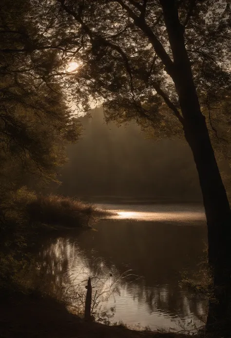 Noite de lua cheia brilhante, lake reflecting the shadow of an ipê tree. Sense of tranquility and natural beauty. transmitir impacto visual impressionante. ultra realista e detalhado. lua cheia com bastante destaque na imagem.