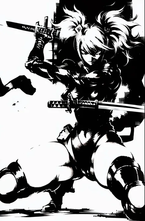 shinkawa youji, cyborg ninja, 1boy, cyborg, greyscale, girl focus,2b,  monochrome, ninja, solo, sword, weapon, ((masterpiece)), sexy, Lovely big Breasts