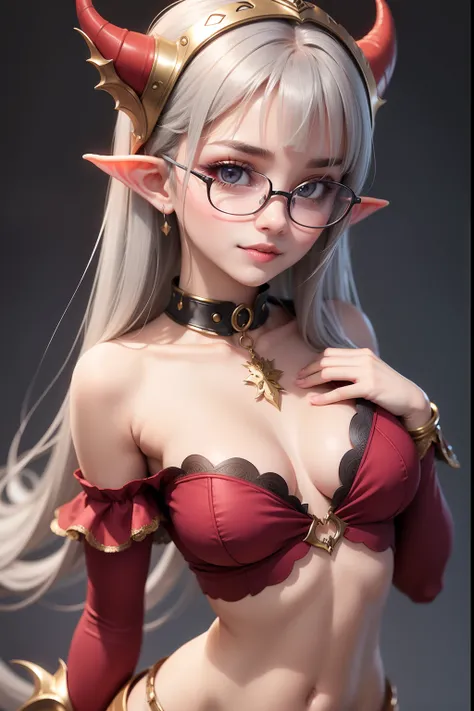 1 cute elf girl (18yo) glasses, upper body, slim waist, natural small breast, sexy pose, seductive expression, bangs, random hairstyle, cleavage, navel, collar, collarbone, off shoulder, seductive smile, wear intricately detail hot and sexy outfit, monster...