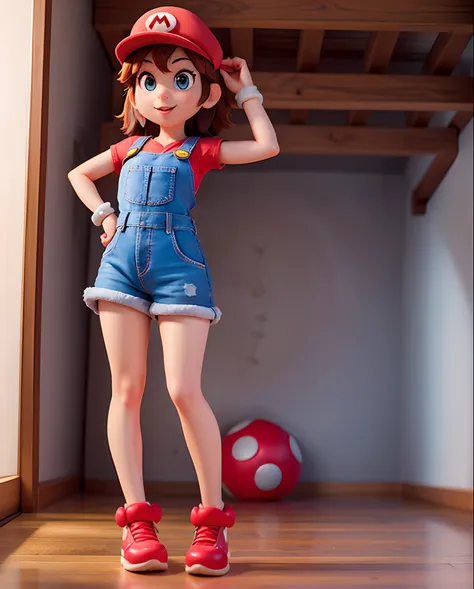 1girl, solo, mario bross outfit, mario bross hat, sexy girl, asian pretty, simply background, half body, pixar style, sexy, hot