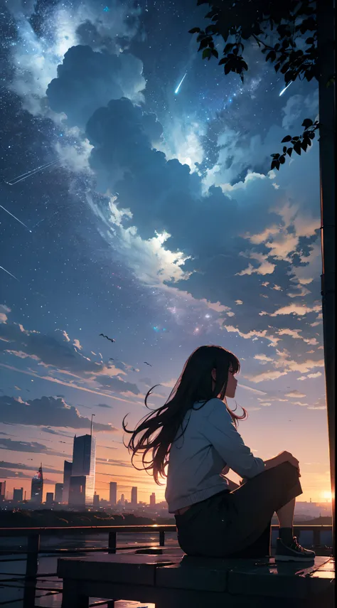 octans, sky, star (sky), scenery, starry sky, night, 1girl, night sky, solo, outdoors, building, cloud, milky way, sitting, tree, long hair, city, silhouette, cityscape