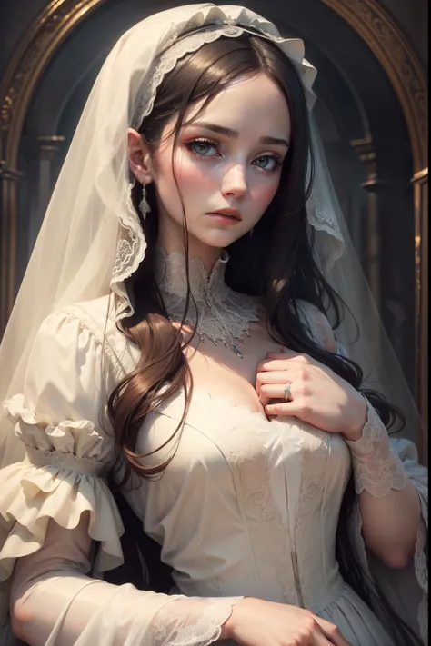 (best quality, highres, masterpiece:1.2), sad woman, wedding dress, detailed face and expression, flowing gown, long veil, elegant lace details, soft and muted colors, romantic lighting, dream-like atmosphere, portrait style, tearful eyes, delicate hands, ...