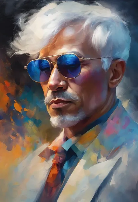 Close up portrait of man wearing white wig and sunglasses, inspired by Yanjun Cheng, Guviz-style artwork, bright cyberpunk glow, lofi artstyle, style hybrid mix of beeple, Authors：yangjun chen, Beeple and Jeremiah Ketner, dreamy colorful cyberpunk colors, ...