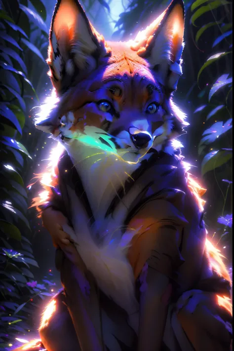 Antro Raposa realista de cores vivas iriscente com olhos brilhantes e cauda brilhante, ultra realistic antropomorph ethereal fox, raposa digital iriscente, arte de fantasia digital colorida, arte digital luminescente, Arte digital altamente detalhada em 4k...