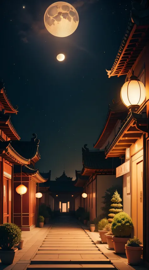 Art is commercial illustration，The theme is the Mid-Autumn Festival poster。The background is a scene of the moon and the moon palace，There are lanterns flying outside the moon。The center area of the picture is centered and typeset，The main body is Jade Rab...