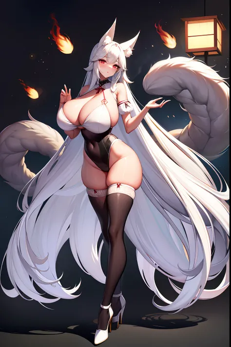 long  white hair，Whole body diagram，bit girl，Nine-tailed fox demon， huge tit，爆乳，Ultramammy，plumw，A sagging breast，Big breasts Thin waist，long leges，black lence stockings，Stroke the chest，Charming，black bathing suit，milk，high-heels，