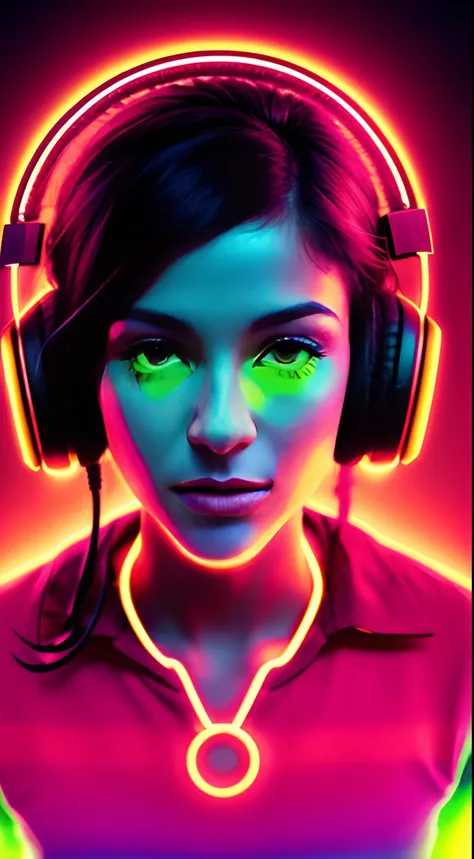 A closeup of a person with headphones on with a wave of glowing neon coming out of their eyes, Fones de ouvido DJ Rave, vibing to music, Directed by: Adam Marczyński, orelhas de metal laranja, com fones de ouvido, Directed by: Mirko Rački, headphones on he...