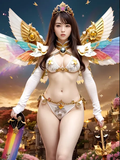 (maikurobikini), Professional , ​masterpiece、top-quality、photos realistic , depth of fields （Gemstone Flower Metal Body:1.4),(Matte White、Jewel Gold Weapon、（Gorgeous castle background）、（ultimate beauty girl）、（Flower rainbow fairy wings grow）、（Jewel Flower ...