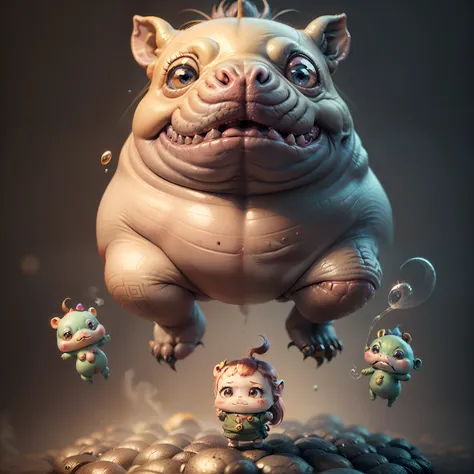 Best Quality), (masutepiece), Charming chibi animation of cute baby with hippopotamus-like face, (Chibi 3D): 1.3, (A detailed face:1.2), (Standing posture:1.1), Royal T Heater Background,(Jumping:1.3)