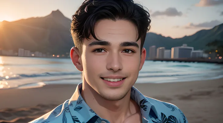 ((Men only)), (head shot), (look straight ahead), ((sunburned skin)), (showing his cleavage), ((wearing a  Hawaiian aloha shirt)), (in waikiki beach), (Diamond Head in the background), ((Pietro Boselli), (black straight hair), (hawaiian Handsome muscle man...