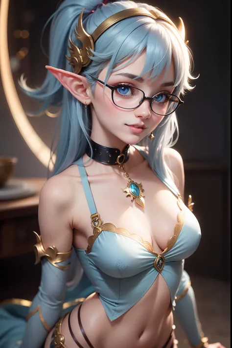 1 cute elf girl (18yo) glasses, upper body, slim waist, natural small breast, sexy pose, seductive expression, bangs, random hairstyle, cleavage, navel, collar, collarbone, off shoulder, seductive smile, wear intricately detail hot and sexy outfit, monster...