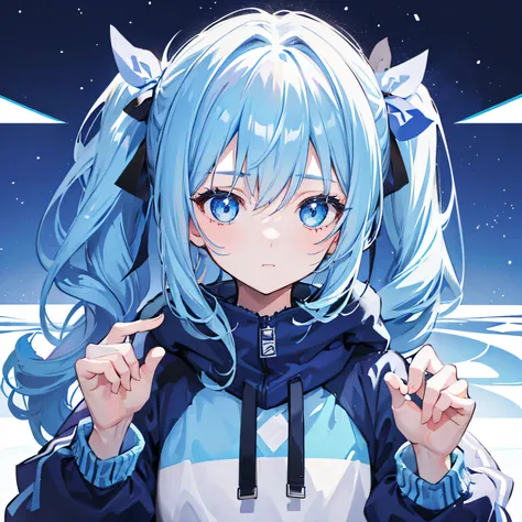 1girl, with light blue twintails hair and blue eyes, wearing a hair ribbon and a blue and white hoodie. The scene is set in winter, with the girl looking directly at the viewer. This image can be used as a profile picture.pose