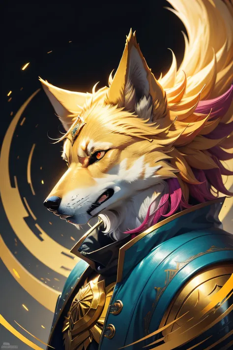 a golden wolf artwork with cyan, magenta, yellow and black accents