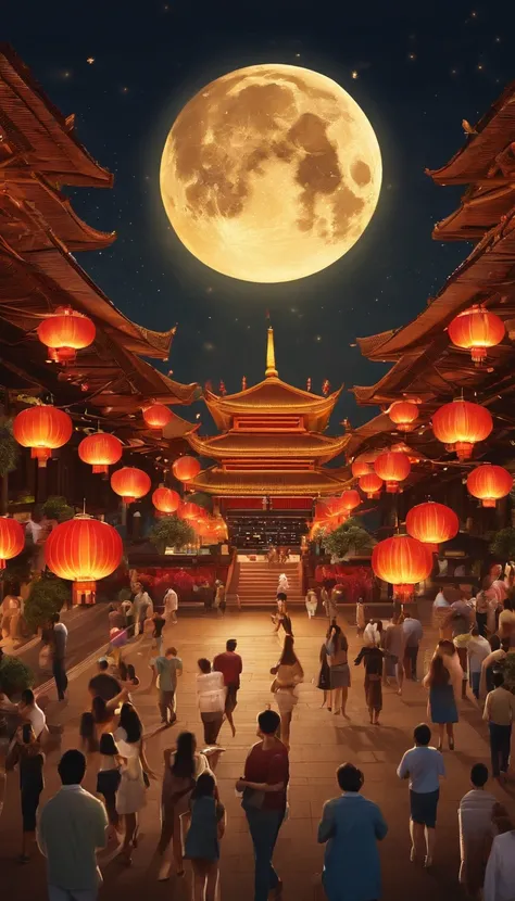 Mid-Autumn Festival、Moon、Huge mooncakes in the air、Star of the Sun、Urban commercial buildings、Concert、band、fire works、UAVs、environment friendly、tradit、celebrating、enviroment、Plaza、The bear goes to the moon、forest、Critters、lots of people、Bamboo lanterns、the...