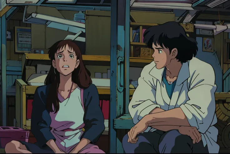 Anime scene, retro anime, 1980s, 1990s, retro aesthetics, girl crying on the left,guy on the right, couple sitting,1girl, cute, retro style, old anime, vintage