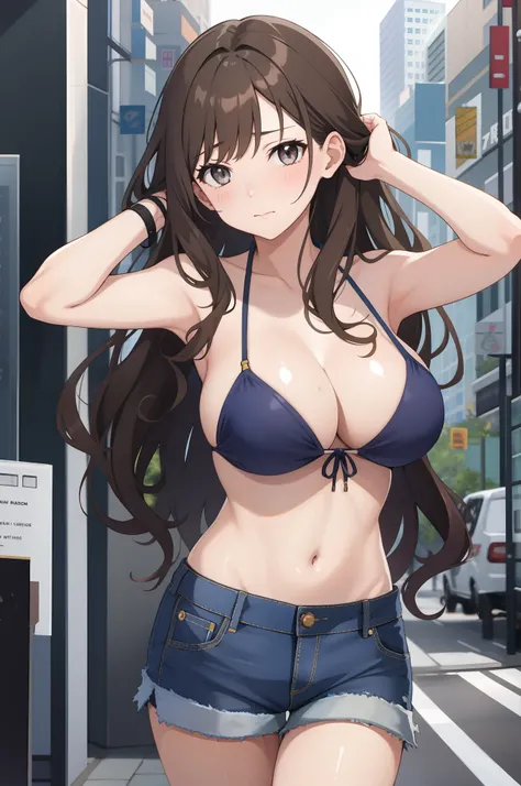 one girl, brown hair, grey eyes, wavy hair, big breasts, bikini top only, denim shorts, closed mouth, embarrassed, hands on head, city, looking at viewer